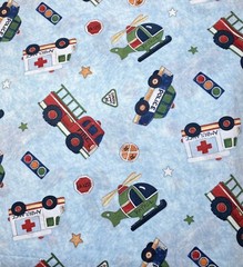 Serve & Protect Emergency Vehicles on Blue Nursery Fabric by Susan Winget, BTHY