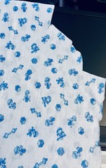 VTG Novelty Blue Baby Rattles & Blocks Toys on White Cotton Knit 24″x19″