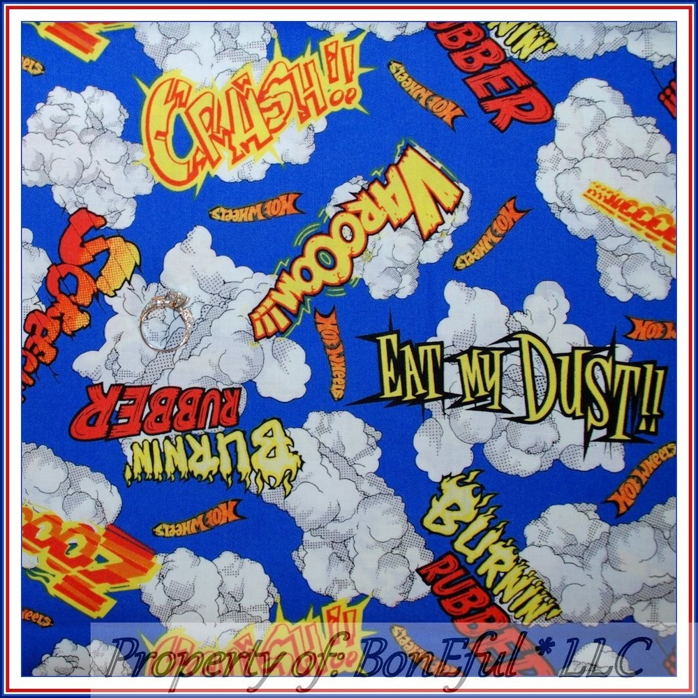 BonEful Fabric FQ Cotton Quilt Blue Super Hero Lg Race Car Hot Wheel Boy Cartoon