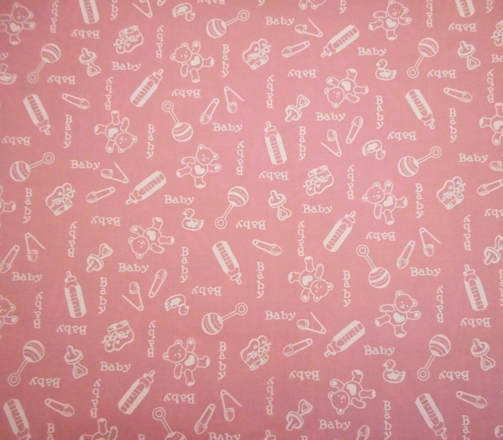 Nursery Fabric 1 1/8 Yard White Baby Rattles Bottles Booties on Pink Cotton Vtg