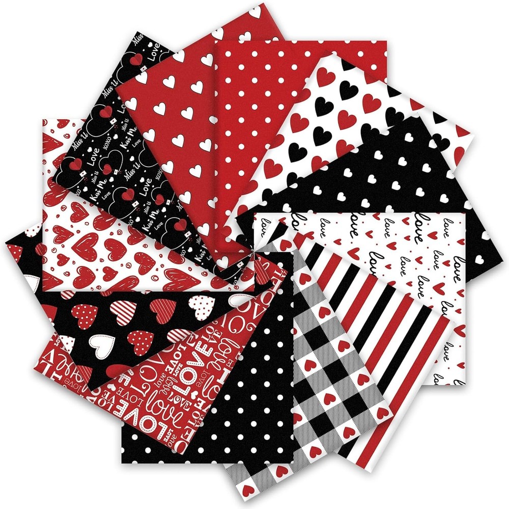 12Pcs Valentine’s Day Cotton Fabric Bundles Pre-Cut Squares Red Black Love Heart