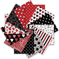 12Pcs Valentine’s Day Cotton Fabric Bundles Pre-Cut Squares Red Black Love Heart