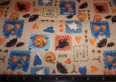 TAN HALLOWEEN FABRIC WITH CATS, BATS, GHOSTS & MORE, BTY – 42″