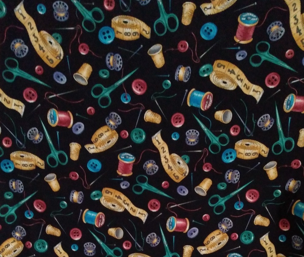 Clothworks Top Drawer Sewing Notions Black Background Cotton Fabric BTY