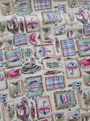 Cotton Fabric With Teacups Letters Hats Umbrellas Print On Beige Background
