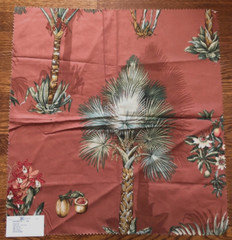 KRAVET Bruno Palm Trees in Brick Red, Green & Beige 24″ Cotton Fabric Sample