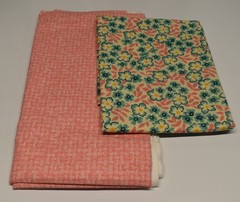 1.7 YD TOTAL 2 piece fabric lot PINK TEAL FLORAL LEAVES BASKET WEAVE aunt grace
