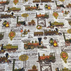House N Home Vtg Train Locomotive Railroad Newsprint Fabric 2.5 Yards Americana