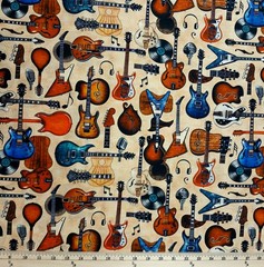 Cotton Rock N Roll Fantasy Electric Guitar Records Fabric Print by Yard D774.11