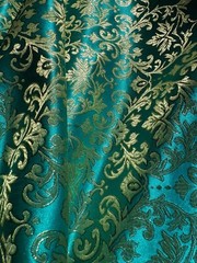Emerald Green & Gold Leaves Damask – Faux Silk Brocade Jacquard Fabric