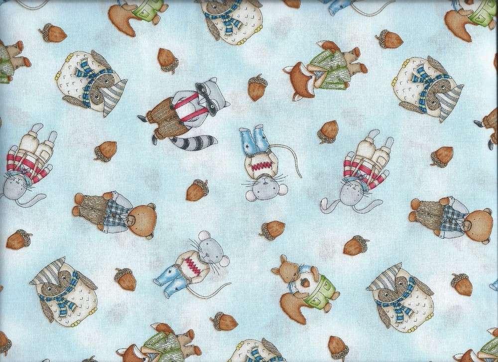 “Forest Friends”, Scattered Kids on Blue, Maywood Studio, Quilting fabric BTY
