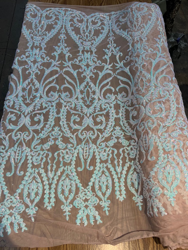 Esmeralda IRIDESCENT WHITE Sequins on NUDE Mesh Lace Fabric by the Yard – 10102
