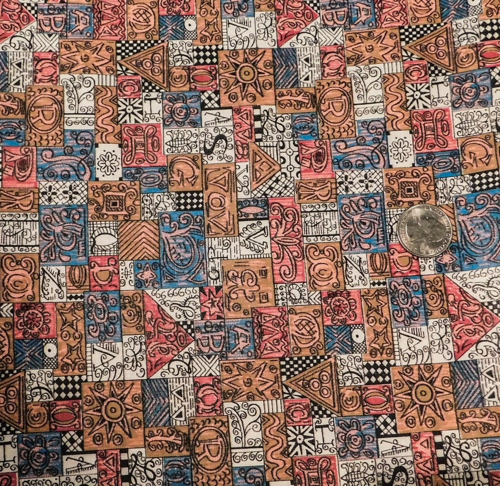 M813 Fabric 1940’s Cotton Peach Blue Pink Aztec Alphabet Geometric 1 Yd x 35″