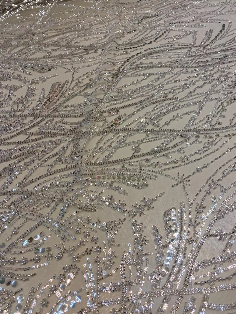 White Luxury Sequin Fabric on Mesh Beaded Sequin Lace – Glamorous Evening fabric