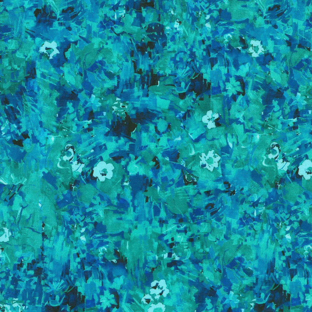 KAUFMAN – Painterly Petals-Valley By RK Studios – Floral – Teal Blue ,1/4 yard