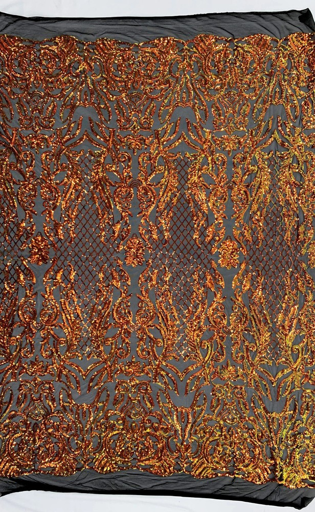 Phoebe Iridescent ORANGE GOLD Sequins on BLACK Mesh Lace Fabric by the Yard – 1