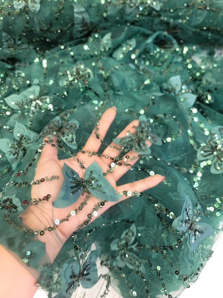 Emerald Green Lace 3d Butterflies on Mesh Prom Fabric Sold by the Yard Gown Quin