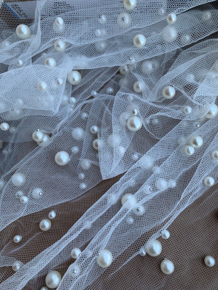 NEW Fabric Whole 6 Yard Cut 50 Inch Multi Pearl on Mesh Bridal Prom