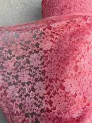 Coral Sheer Mesh Floral Pattern Raschel Lace 60″ Polyester Fabric By The Yard