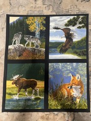 Lot of 2 Wildlife Cotton Fabric Panels 21×24 Wolf Eagle Moose Deer Bear Fox Owl