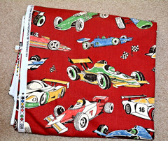 Fabric 5 yds. x 56″ wide RACE CARS Orig. Bloomcraft Screen Print w/ Bloomgard