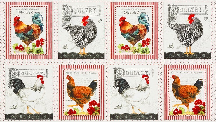 24″ X 44″ Panel Down on the Farm Chickens Roosters Cotton Panel D367.36
