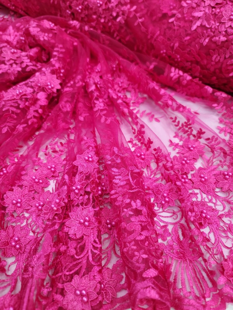 Fuchsia 3d Floral Embroidery Pearls Fabric By The Yard Quinceañera Dress Prom