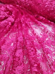 Fuchsia 3d Floral Embroidery Pearls Fabric By The Yard Quinceañera Dress Prom