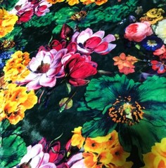 Black, Green, Yellow, Pink Multi Floral – Stretch Polyester Velvet Fabric