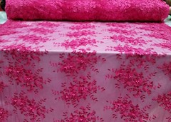 Fuchsia 3d Floral Embroidery Pearls Fabric By The Yard Quinceañera Dress Prom