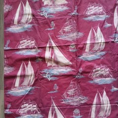 Vtg 40s 50s NAUTICAL Coastal Life Novelty Saiboat Lighthouse Fabric 37W x 3 1/3