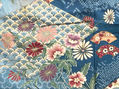 Vtg Robert Kaufman~ Asian Blue Floral & Fan Cotton Fabric 1 yd