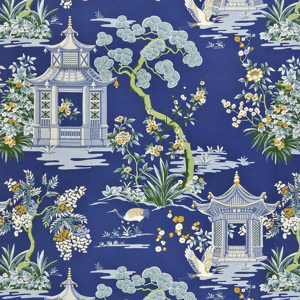 Harmony Federal Asian Pagoda Print on Blue Regal Chinoiserie Fabric