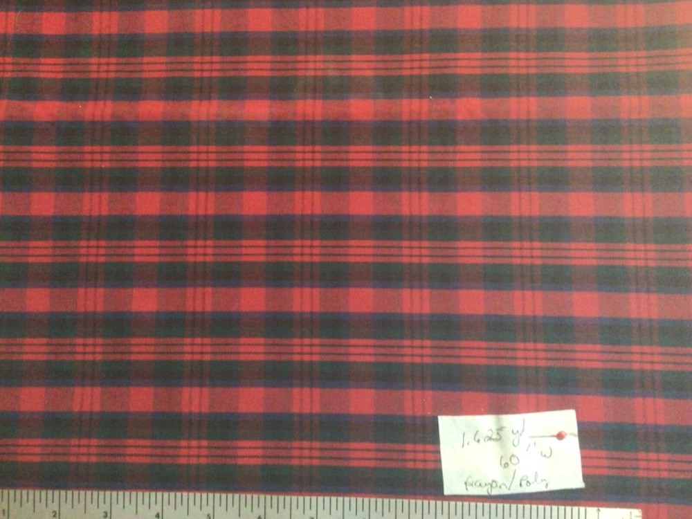 Vintage Red Green Blue Plaid Shirting Rayon Blend Fabric 1.625 Yards