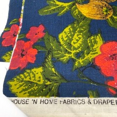 1+ Yard Vintage House N Home Fabrics Fruit Baskets Blue Red Bark Cloth Cotton