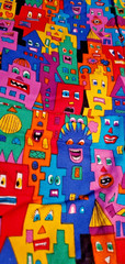 Vintage 1993 James Rizzi Hoffman Fabric Colorful Faces Pop Art Novelty Cotton 1+