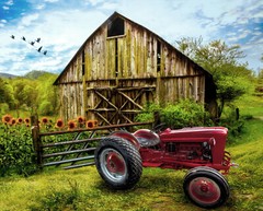 Farm Tractor Barn Fabric 36″ X44″ Panel Red At The Farm Cotton David Textiles