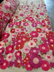 Multicolor 3d Lace Fabric by the Yard Fuchsia Embroidered 3d Floral White Mesh