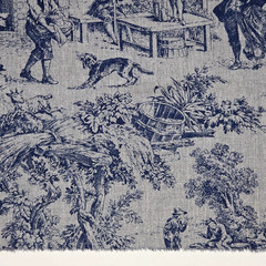 VTG 1986 Blue Grey Toile Drapery Fabric House Party House N Home Remnant 16Lx43W