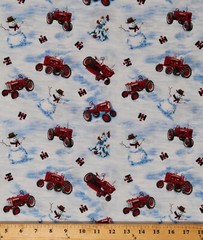 Cotton Farmall Tractors Logo Snowmen Country Winter Fabric Print BTY D381.32