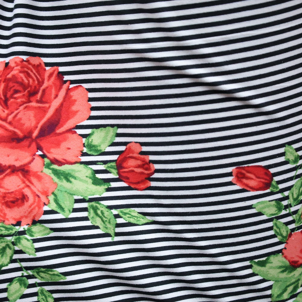Double Brushed Jersey Knit Fabric, Black/White Stripe with Red Rose Floral(#DBJ0