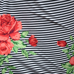 Double Brushed Jersey Knit Fabric, Black/White Stripe with Red Rose Floral(#DBJ0