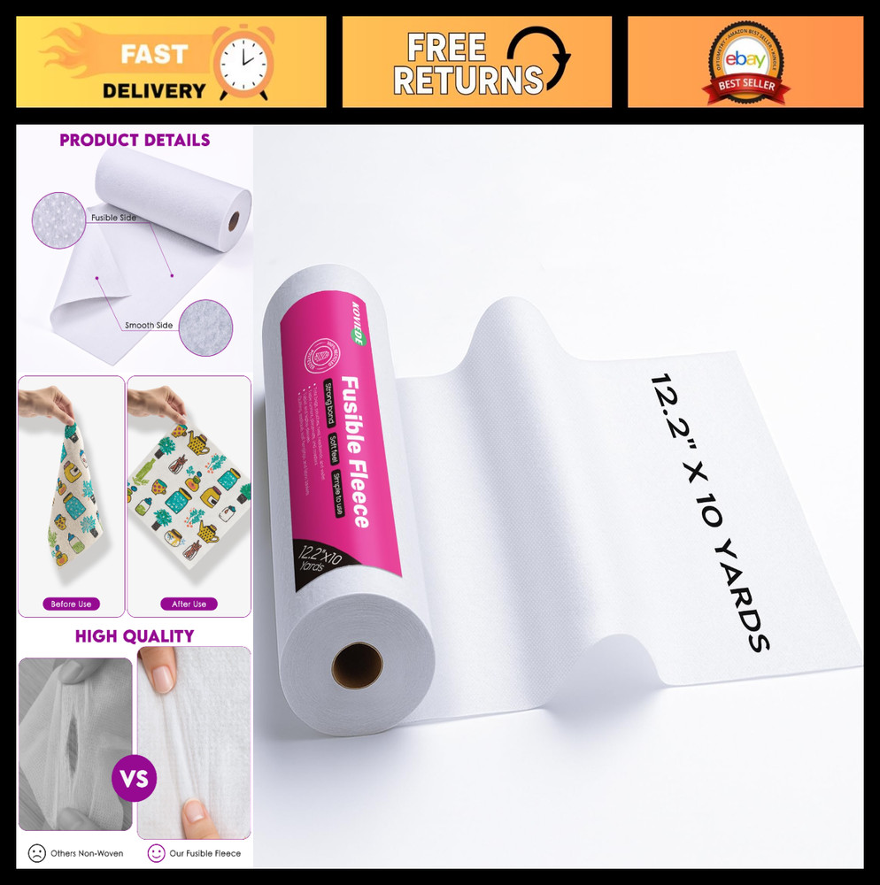 Fusible Fleece Interfacing 12.2″ x 10 Yards – Medium-Light Weight Iron-On for Se