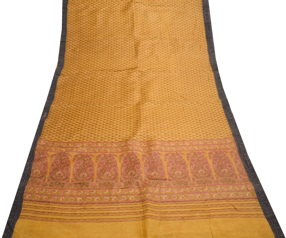 Sushila Vintage Pure Woolen Scrap Saree Woven BRANDED Mustard Sari Craft Fabric