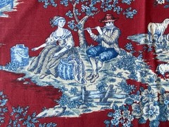 AMETEX FABRIC 2005~Maroon Toile Blue Tan~MULE OVER STONE BRIDGE~Fishing Boys~Flu