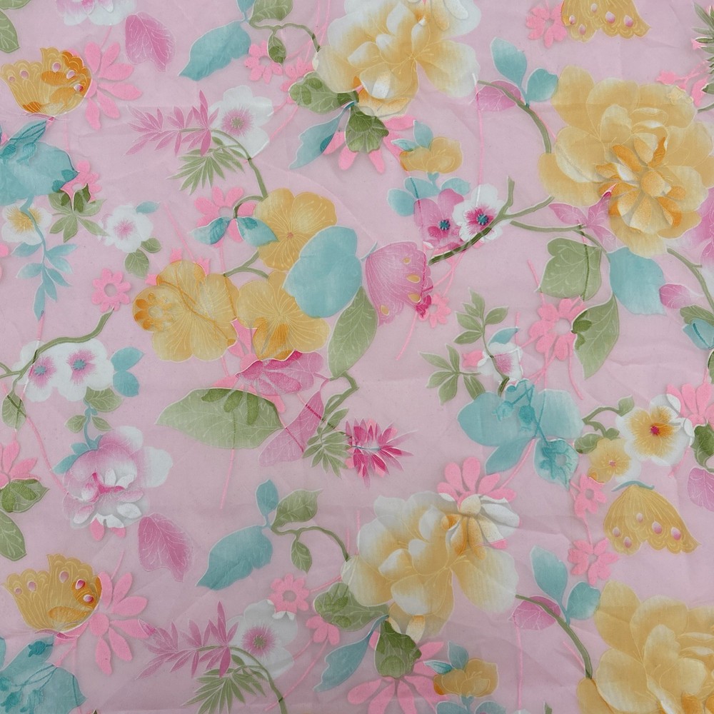 VTG 70s Flocked Nylon Sheer Fabric Psychedelic Pastel Floral Organza 2.9yds 44″