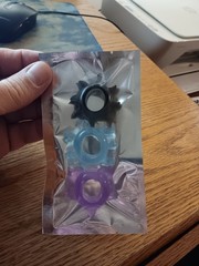 Gay Interest, sealed, unopened, 3 silicone/latex cockrings, black, aqua, purple