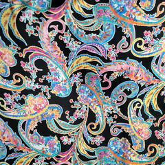 Colorful Paisley Watercolor on Black Hammered Satin – Gorgeous! OEKO-TEX