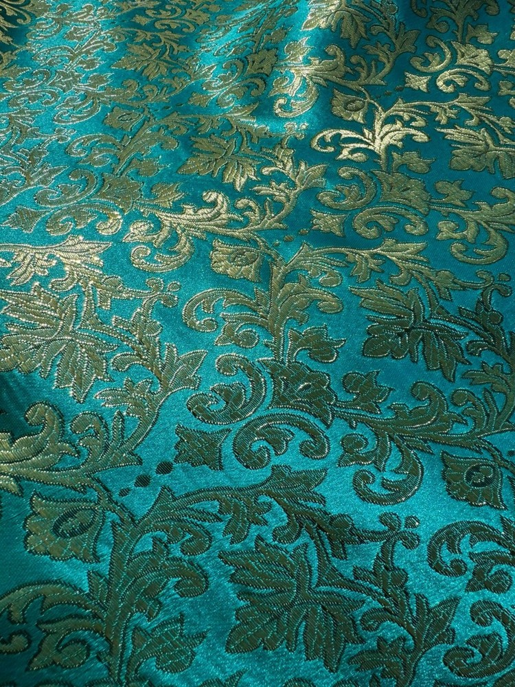 Emerald Green & Gold Leaves Damask – Faux Silk Brocade Jacquard Fabric