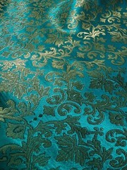 Emerald Green & Gold Leaves Damask – Faux Silk Brocade Jacquard Fabric